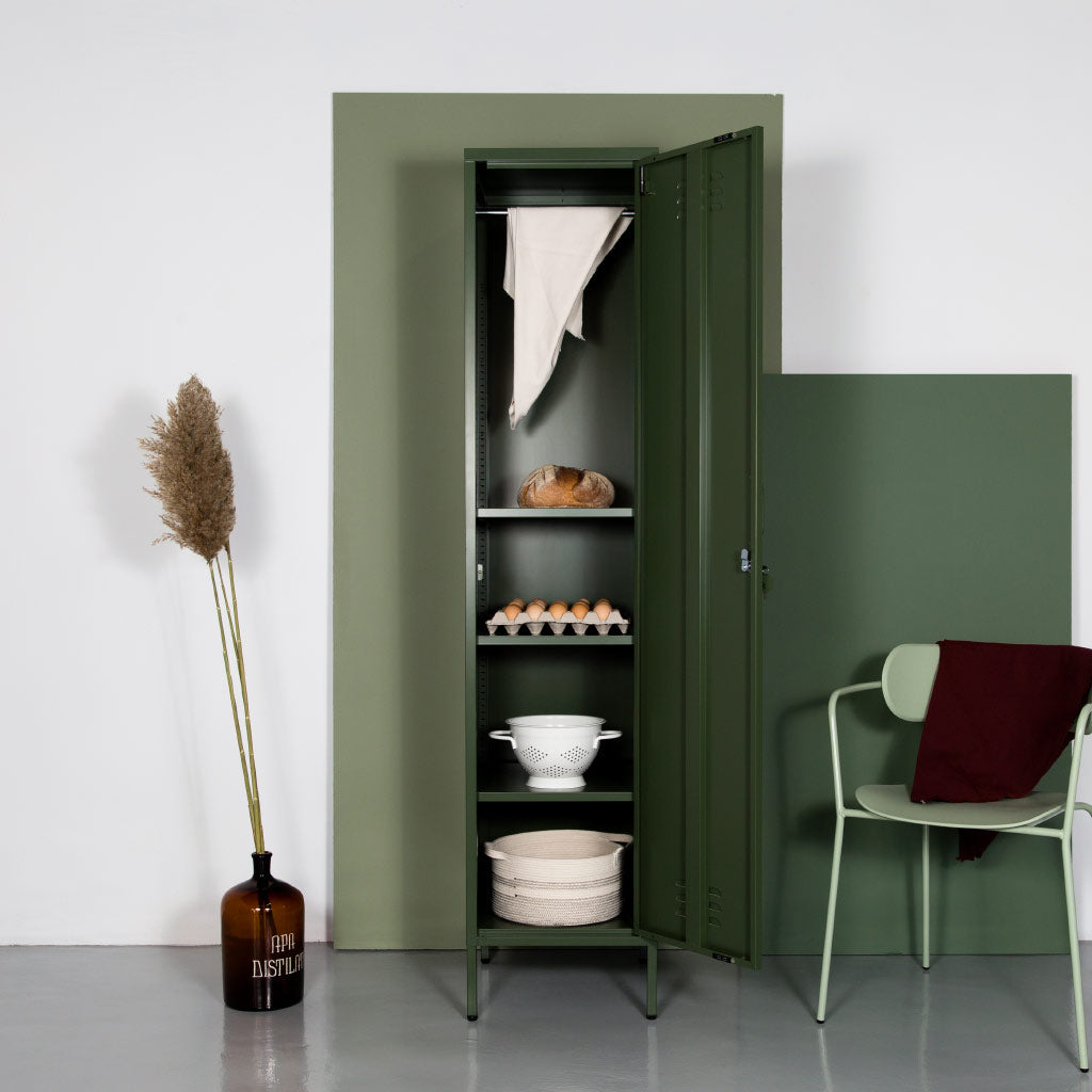 open dark olive steel flatpack locker