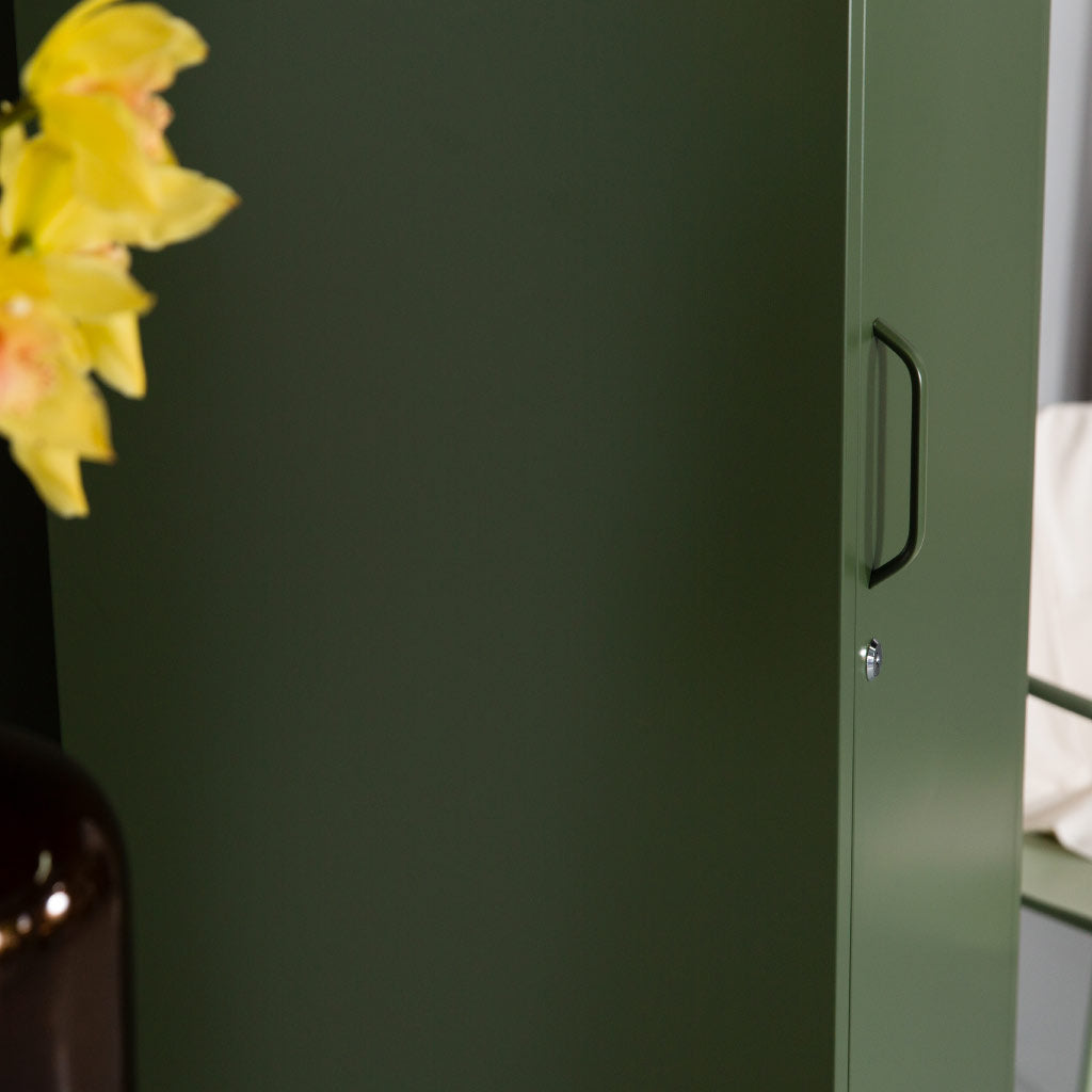 side view of dark olive steel locker showing matching handle and lock